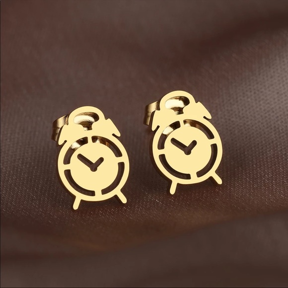 ALARM CLOCK GOLD Minimalist Stainless Steel Stud Earrings With Gift Bag - Picture 2 of 7